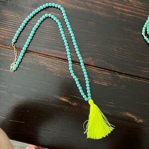Bauble bar necklace 30” length turquoise & lime yellow